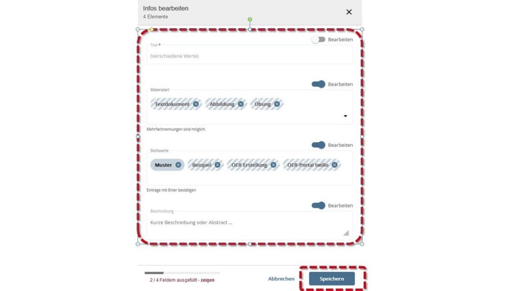 Editing mask opened in the twillo portal: Four elements selected simultaneously. Fields for title, material type, keywords and description visible. The 'Save' button at the bottom right is highlighted.