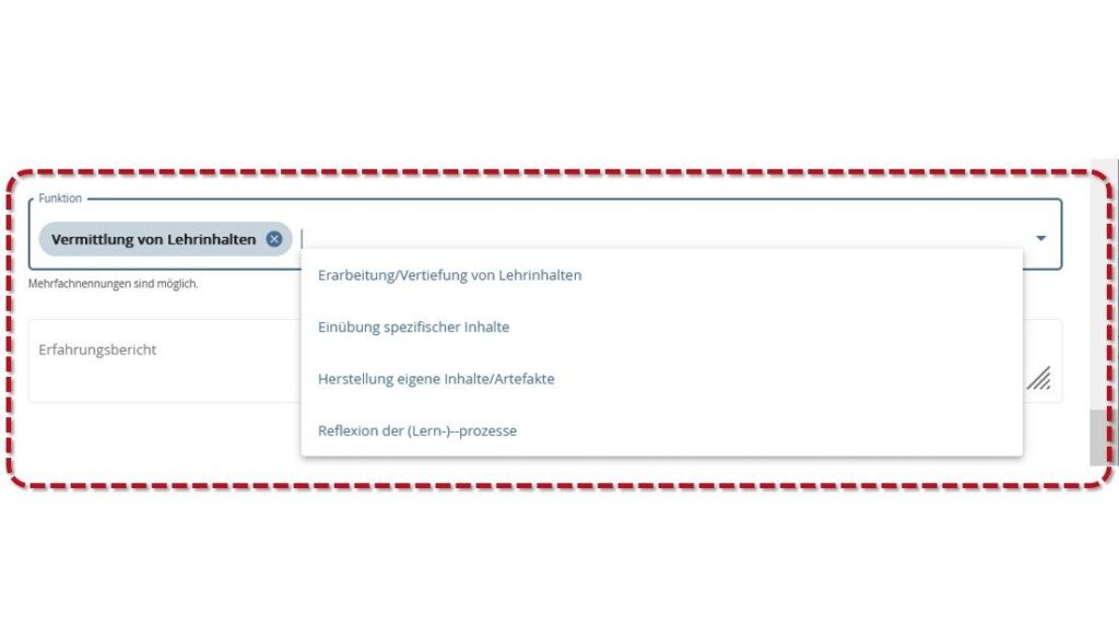 drop-down menu is opened: The entry 'Teaching content' is selected. Further options in the menu are: 'Developing/deepening teaching content', 'Practicing specific content', 'Producing own content/artifacts' and 'Reflecting on (learning) processes'. The entire selection of functions is outlined in red.
