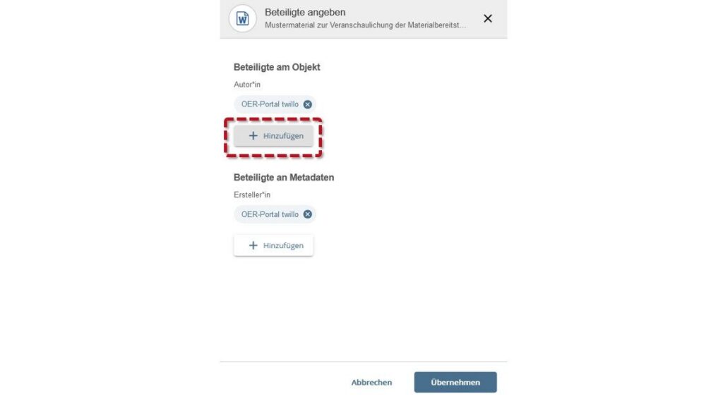 Dialogfenster 'Beteiligte angeben': Roter Rahmen markiert die Schaltfläche 'Hinzufügen' unter 'Beteiligte am Objekt', um zusätzliche Autor*innen einzutragen.