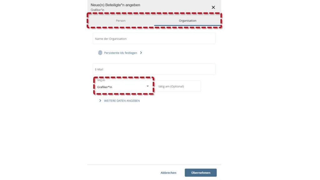 Dialog box 'Specify new participants' opened: Selection option between 'Person' and 'Organization' highlighted at the top. At the bottom, the 'Active as' field is highlighted, with the selected entry 'Graphic designer'.