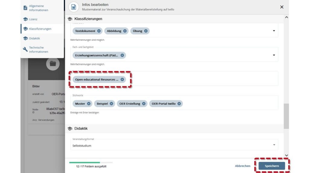 Bearbeitungsmaske 'Infos bearbeiten' geöffnet: Bereich 'Klassifizierungen' mit ausgewählten Feldern 'Textdokument', 'Abbildung', 'Übung' und Fachrichtung 'Erziehungswissenschaft (Pädagogik)'. Der Begriff 'Open educational Resources' ist markiert. Unten rechts ist der Button 'Speichern' hervorgehoben.