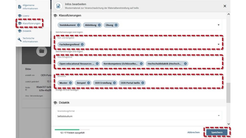 Bearbeitungsmaske 'Infos bearbeiten' im Bereich 'Klassifizierungen' geöffnet: Ausgewählt sind die Materialarten 'Textdokument', 'Abbildung' und 'Übung'. Fachlich ist 'Fachübergreifend' markiert. Unter 'Feste Schlagwörter' sind 'Open educational Resources', 'Kernkompetenz (Schlüsselkompetenz)' und 'Hochschuldidaktik (Hochschule)' eingetragen. Stichworte: 'Muster', 'Beispiel', 'OER Erstellung'. Unten rechts ist der Button 'Speichern' hervorgehoben.