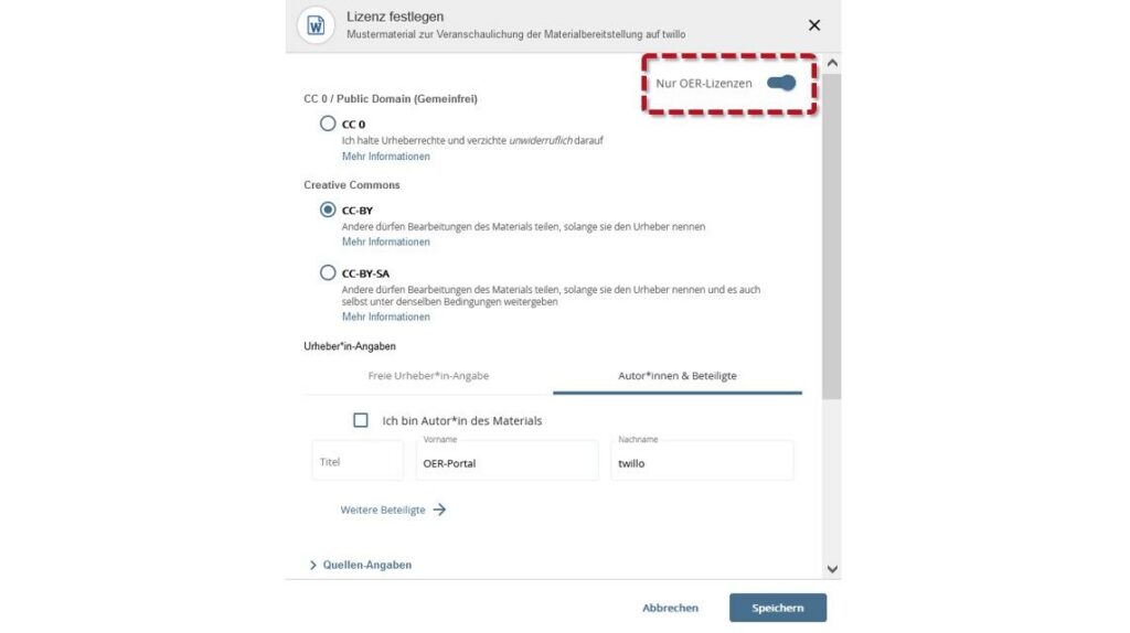 License selection opened. The 'OER licenses only' button at the top right is activated and highlighted with a red frame.
