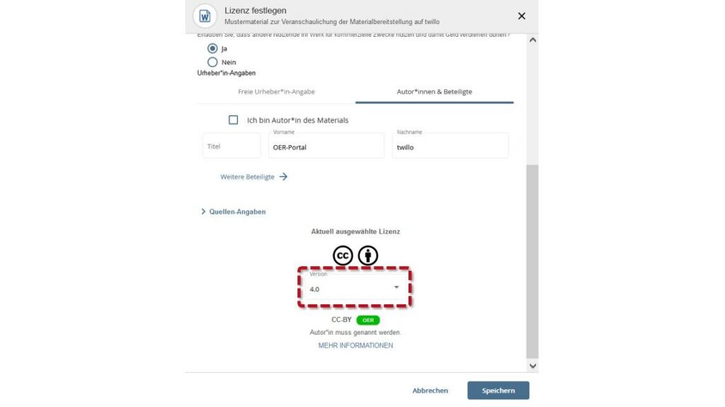 License version selected: In the 'Currently selected license' area, 'Version 4.0' is highlighted and outlined in red.