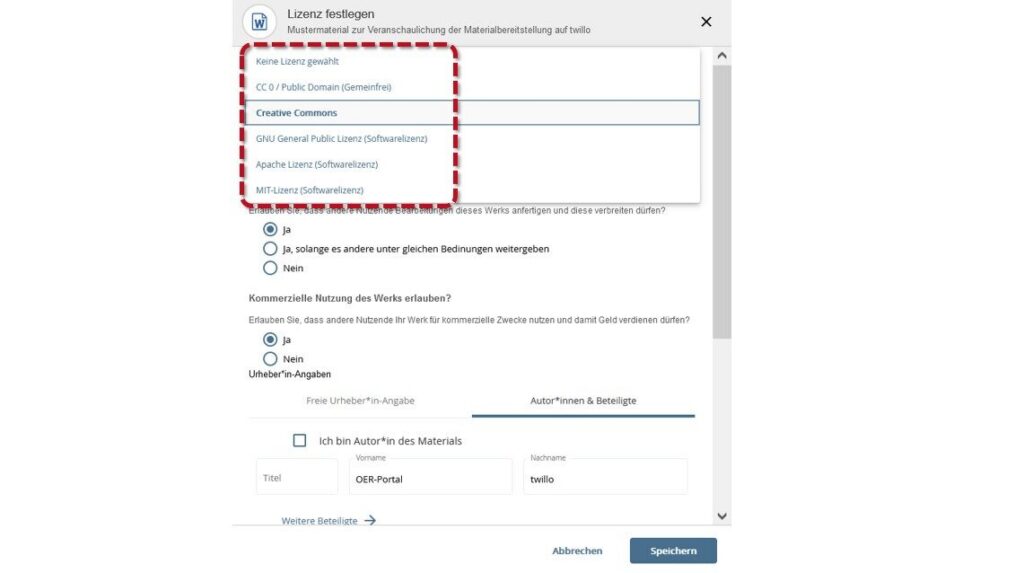 Dropdown opened: Red frame marks the license selection with the options 'No license selected', 'CC0 / Public Domain (public domain)', 'Creative Commons', 'GNU General Public License (software license)', 'Apache License (software license)' and 'MIT License (software license)'.