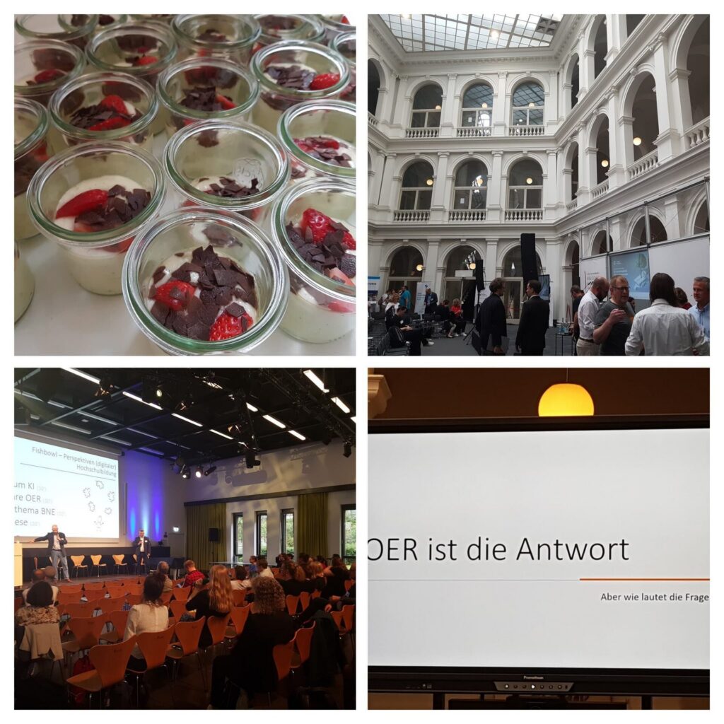 Collage zur Campus Innovation 2023: Desserts im Glas, Gespräche im Foyer, Podium mit Publikum und Präsentation mit dem Satz 'OER ist die Antwort'. twillo war vor Ort dabei.