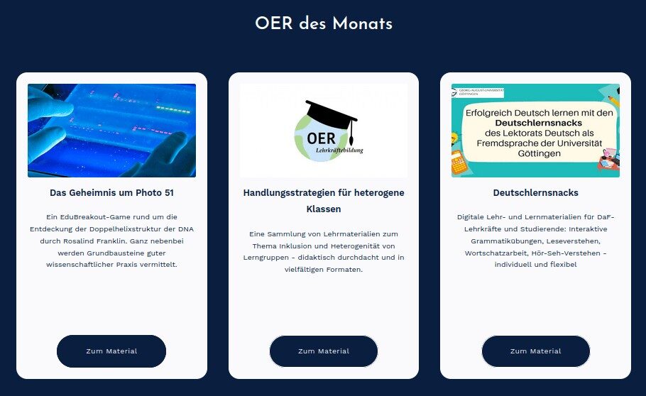 Website section 'OER of the month' with three selected learning materials in tiles: a science game, teaching ideas for inclusive classes and German learning material.