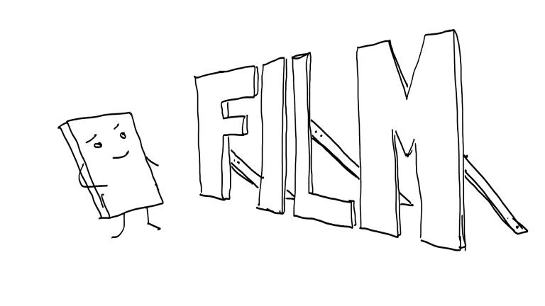 Illustration: Ein lächelndes Buch blickt auf das Wort „FILM“, das auf Stützen von hinten abgestützt wird. Symbolisiert die dritte Seite der Medaille im Feld der Lehr- und Lernvideos – den Blick hinter die Kulissen auf Technik und Produktionsbedingungen.