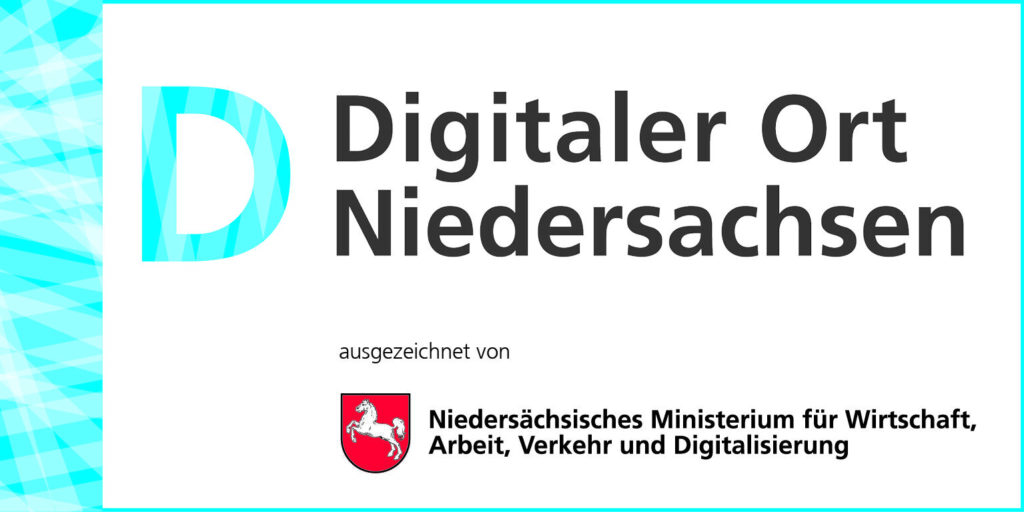 Logo der Auszeichnung 'Digitaler Ort Niedersachsen' mit dem Schriftzug: Ausgezeichnet vom Niedersächsischen Ministerium für Wirtschaft, Arbeit, Verkehr und Digitalisierung.