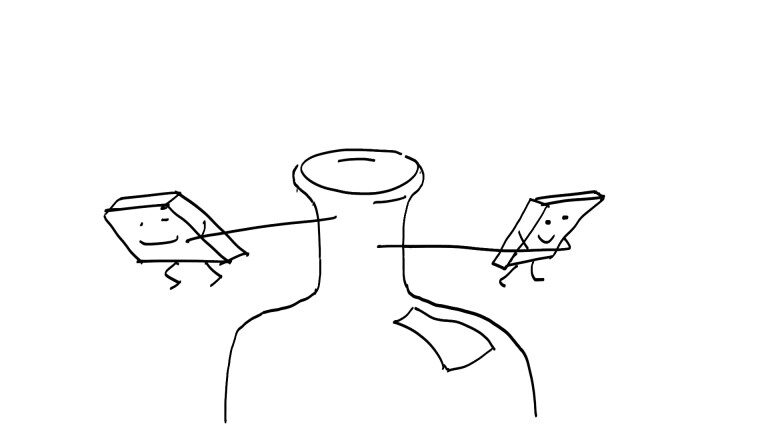 Illustration: Two smiling books try to pull a rope through the narrow neck of a bottle together. Symbolizes the "bottleneck" of the working memory - limited capacity that must be used optimally.