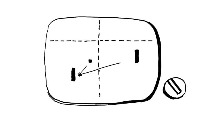 Illustration im Stil eines Tischtennis-Spiels: Zwei gegenüberliegende Balken innerhalb eines Rahmens, eine gestrichelte Mittellinie und ein Richtungspfeil zeigen Bewegung an. Symbolisiert den Perspektivwechsel zwischen zwei miteinander verbundenen Seiten im Feld der Lehr- und Lernvideos.