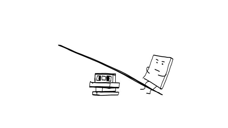 Illustration of a seesaw: educational videos vs. book - pictorial representation of the challenges of using teaching and learning videos.