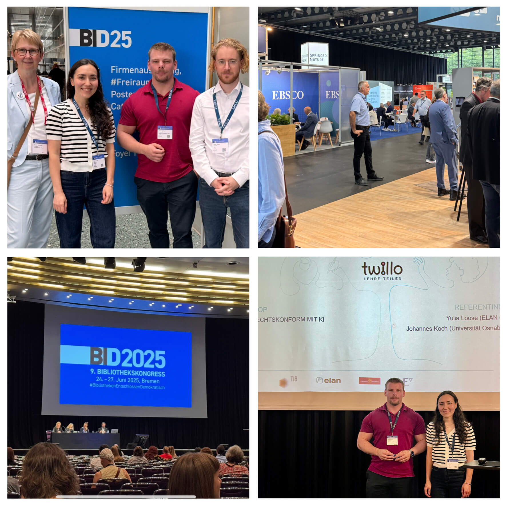 Collage from the 2025 Library Congress: group photo in front of BD25 poster, exhibition hall with booths, lecture hall with BD2025 presentation, twillo workshop with two speakers.