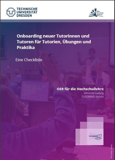 Titelseite einer Checkliste zum Onboarding neuer Tutor:innen an der TU Dresden mit erhobenen Händen im Seminarraum.