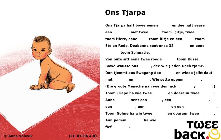 Baby auf weißem Tuch, daneben plattdeutscher Text mit Titel 'Ons Tjarpa'.