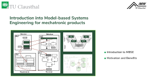 Folie der TU Clausthal mit dem Titel 'Introduction into Model-based Systems Engineering' und Diagrammen zu Struktur und Verhalten.