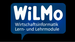 Sprechblase in Blau mit weißem Schriftzug 'WiLMo'; darunter Text 'Wirtschaftsinformatik Lern- und Lehrmodule'.