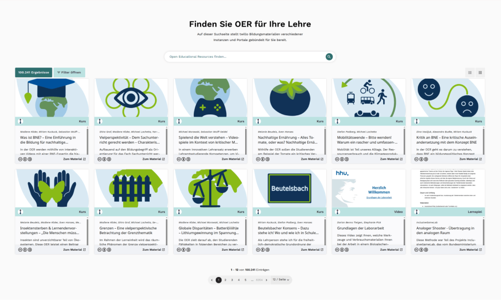 OER search results page: Overview with search field at the top, filter button on the left, and several material cards from different sources below.
