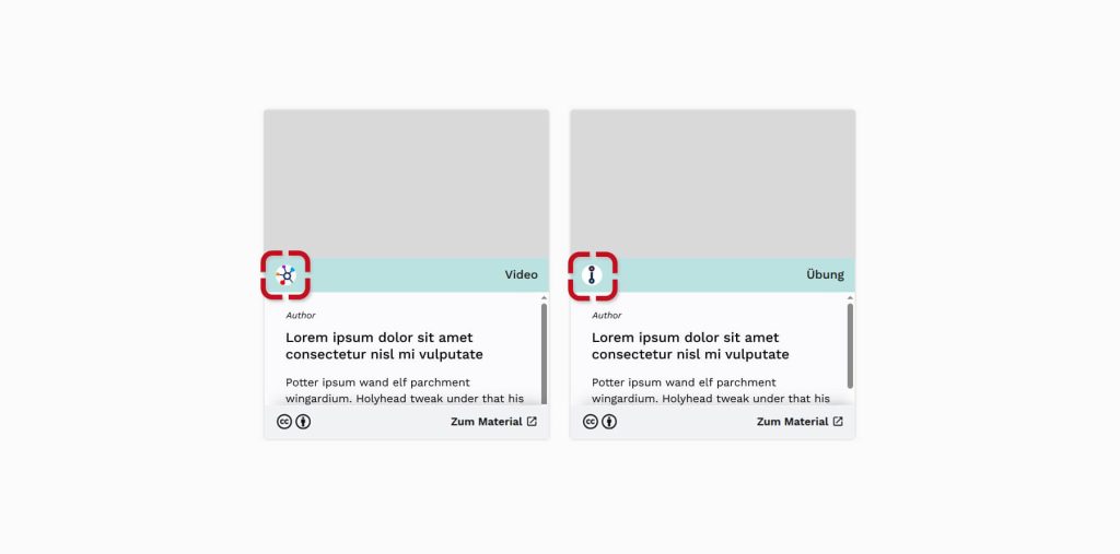 Material cards: Red highlights indicate the icons in the upper left corner that identify the source of the content.