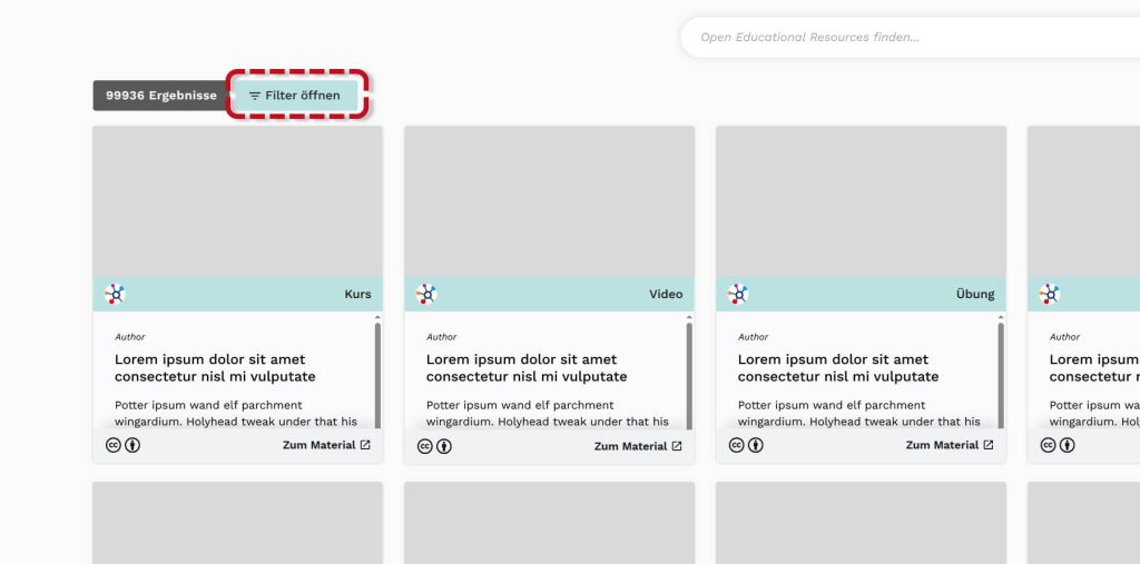 Filter function: Red highlight emphasizes the 'Open filters' button next to the number of results.