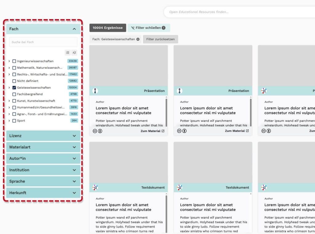 Filter area: Red highlight shows the filter sidebar on the left with categories such as 'Subject area', 'License', 'Material type', and additional filter options.
